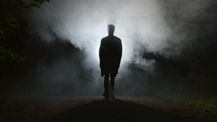 A silhouette of a man is walking through mist - Powered by Adobe