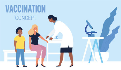 Family Vaccination concept with mother and son at a clinic being administered vaccinations by a doctor, colored vector illustration