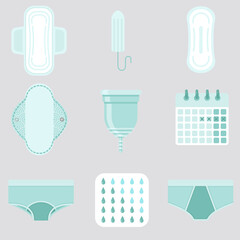 Feminine hygiene supplies. Set of vector illustrations.