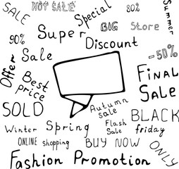 Vector illustration of a ribbon, flag with space for text in the Doodle style. Words on the topic of sales, trade, purchases, sales.Can be used for fabric, textiles, paper, Wallpaper, books.