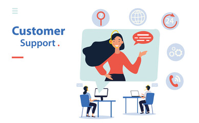 Online Customer Support or Client Services with a cheerful woman on a digital screen surrounded by contact and search icons answering a customers query, colored vector illustration