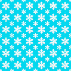 White snowflakes on a blue background, pattern, top view. Christmas minimalistic background. New year Wallpaper, banner background. Print for fabric or wrapping paper