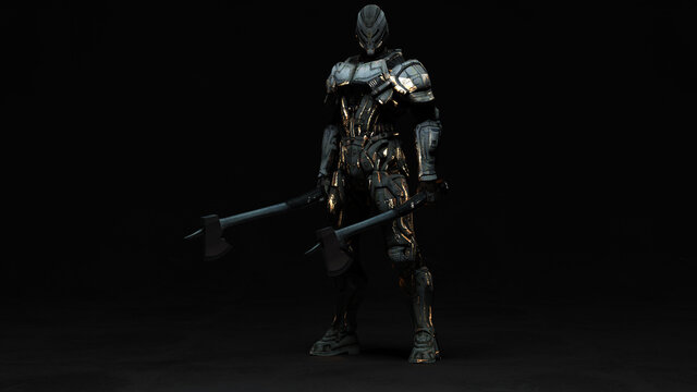 3D composite illustration of Exo Suit. Humanoid with axe in hand. 3D rendering. Art