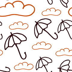 Rainy seamless decorative background. Ornate pattern with clouds, umbrellas . Cartoon stylish texture with many cute details