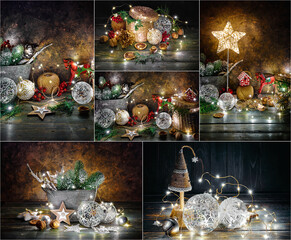 Collage mix set of Christmas holiday decoration with fir, balls and garland. Magical fairy-tale rustic composition with festive illumination on grunge and wooden board background.