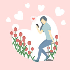 Young woman sit on a chair with happy face using smartphone chat and have heart message pop up,tulip emerge from heart,flat design style, isolated on white background.Vector illustration about love.