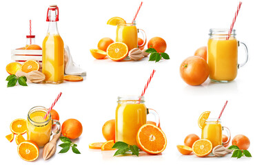 Collage mix set of Fresh orange juice with fruit and green leaves in glass can straw, isolated on white background clipping path included.