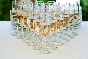 Glasses with champagne on the table. Catering. Buffet