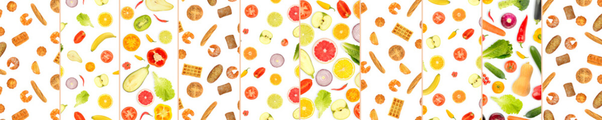 Delicious pattern from bread products, vegetables and fruits isolated on a white