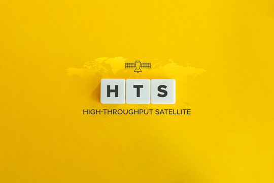 High-Throughput Satellite (HTS) Banner. Block Letters and Satellite Icon on Yellow Background. Minimal Aesthetics.