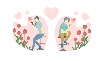 Young woman and young man sit on a chair with happy face using smartphone chat and have heart message pop up,tulip emerge from heart,flat design style, isolated .Vector illustration about love.