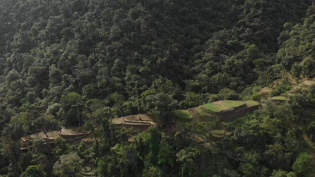 Ancient Lost City Deep in Colombian Jungle. Aerial of Ciudad Perdida Terraces.  Popular Tourist and Hiking Destination, Drone Shot