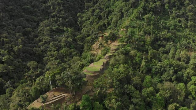Aerial View of Archeological Site in Jungle Lush of Colombia. Ancient Lost City. Ciudad Perdida Terraces, Drone Shot