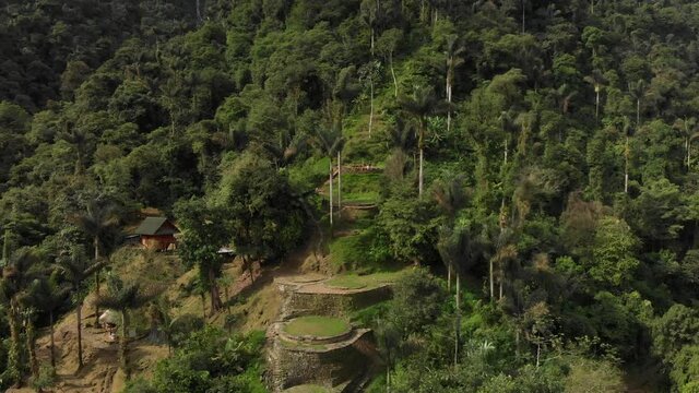 Aerial View of Ciudad Perdida aka Lost City of Ancient Civilization, Colombia.  Hidden Location in Jungle of Sierra Nevada de Santa Marta Mountain Range