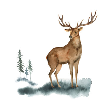 Watercolor vector Christmas card with deer and landscape.