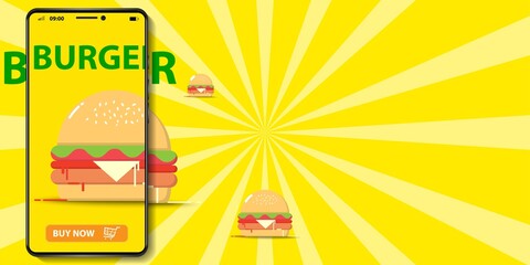 Vector illustration of Burger Banner. Online order by application on smartphone in yellow background.