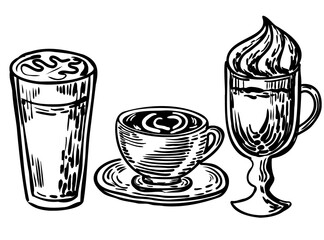Сoffee cups hand-drawn isolated on white background vector illustration. Latte, cappuccino, coffee mugs silhouette drawing.