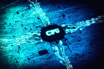 AI. Circuit board. Technology background. Central Computer Processors CPU concept. Motherboard digital chip. Tech science background. Integrated communication processor.