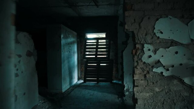 Destroyed school in Beslan after the terrorist attack. Old empty school corridors