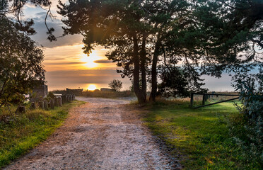 Country road leading to fishermen village, coastal landscape  at dawn, Baltic Sea
