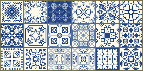 Fototapeta na wymiar Set of 18 tiles Azulejos in blue, white. Original traditional Portuguese and Spain decor. Seamless patchwork tile with Victorian motives. Ceramic tile in talavera style. Vector