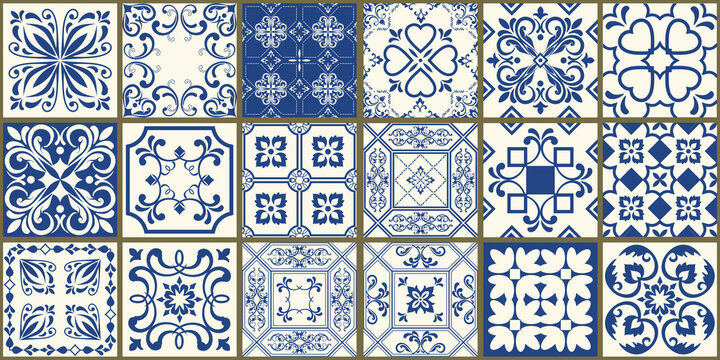 Set of 18 tiles Azulejos in blue, white. Original traditional Portuguese and Spain decor. Seamless patchwork tile with Victorian motives. Ceramic tile in talavera style. Vector