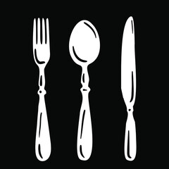 Vintage cutlery silhouette set. Black and white kitchen silverware: fork, spoon, knife. Engraving drawing, hand drawn line art sketch, vector illustration isolated on black background.
