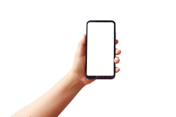 The hand is holding the white screen, the mobile phone is isolated on a white background with the...