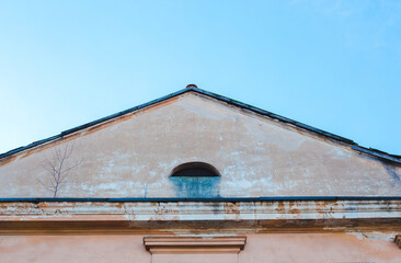 old wooden house in european city and blue sky