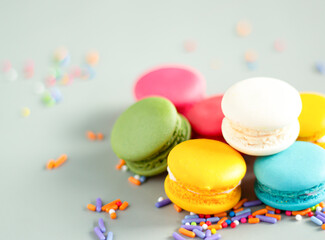 Image select focus close up macaron dessert is a sweet food or bakery, cake, biscuit, sprinkled with small toffee grades of various colors with copy space for text.