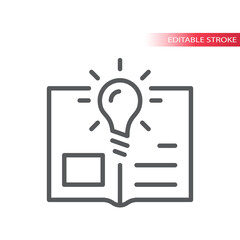 Open book and light bulb line vector icon. Knowledge and learning lightbulb concept outline symbol, editable stroke.