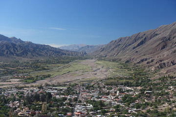 Fototapeta na wymiar Landscape view down the Quebrada de Humahuaca valley from Cerro de la Cruz 
