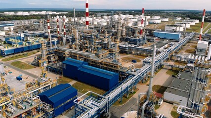 Aerial shot over a oil refinery industrial area. High quality photo