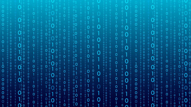 Blue matrix background. stream of binary code. Falling numbers on dark backdrop. Digital computer code. Coding and hacking. Vector illustration.