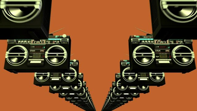 Abstract 3D rendering animation of Retro Style Background - Group of Boomboxes.