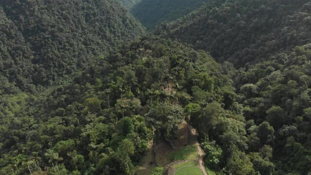 Aerial View of Ciudad Perdida, Terraces of Lost City in Sierra Nevada, Colombia. Famous Hiking Location and Archeological Site