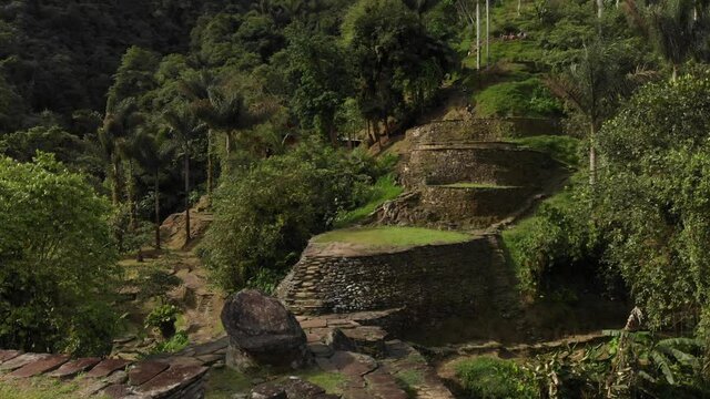 Ciudad Perdida, Colombian Ancient Lost City. Aerial View of Archaeological Site and Stone Terraces Deep in Rainforest, Popular Tourist Hike