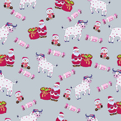New Year's pattern with the symbol of the New Year's bull, Santa, snowman and gifts. New Year's and Christmas. Cute funny style for postcards, wallpaper, gift.