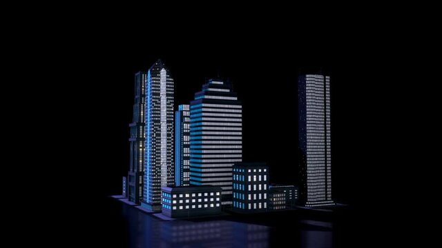 3D City Model, Skyscrapers in the nighttime, Data Visualisation Concept. Seamlessly loopable 3D Rendering Animation.