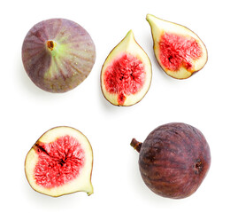 Set of whole, half and quarter figs on a white background, isolated. Top view