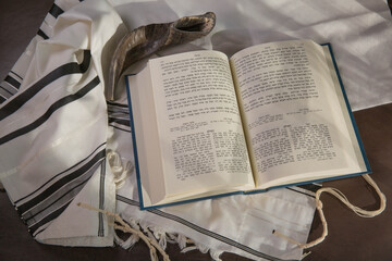 shofar, hebrew book and tallit