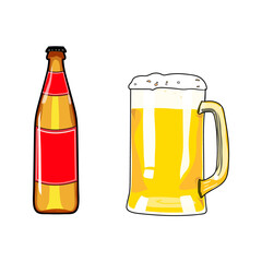 Beer bottle and mug of beer. Beer icon. Beer design element. Cartoon style beer. Hand drawing alcohol. Vector illustration beer. Beer party. Beer background. Beer poster.