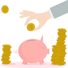 Hand and piggy bank with dollar coins. Flat design. Vector illustration
