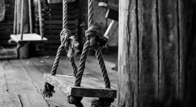 Wooden swing tied with rope in monotone , lonely mood concept and no people. Copy space for text on right. selective focus on swing.