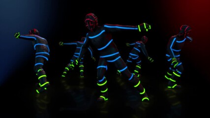 Male dance group performs in futuristic metallic neon costumes, 3D Rendering Animation.