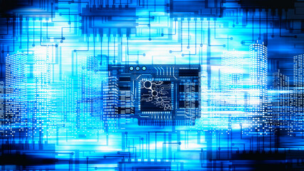 AI. Circuit board. Technology background. Central Computer Processors CPU concept. Motherboard digital chip. Tech science background. Integrated communication processor.