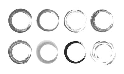 Set of grunge circle brush frames. Hand drawn grunge ink circle brush stroke isolated on white background. Design element for badges, social media, story highlight icons