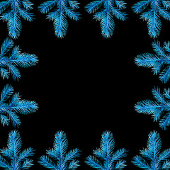 Frame of Christmas tree branches in blue tones on a black background. Place text or photo in the center.