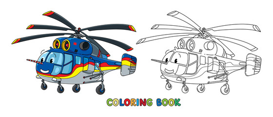 Funny cargo helicopter with eyes. Coloring book