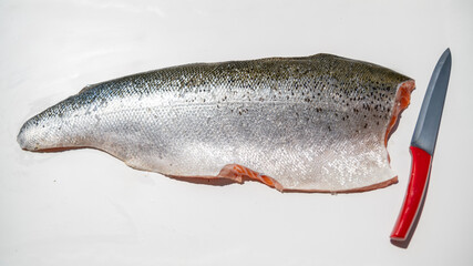  Salmon fillet with silver scales dotted with spots in the shape of small black circles, next to a red kitchen knife, on a white background © Natura